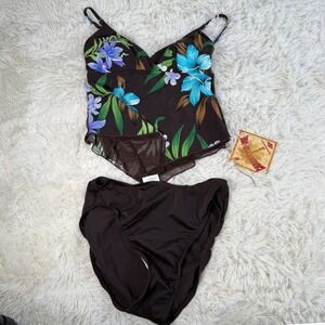 Caribbean Joe Tankini Swimsuit Top Bottom Floral Print Brown Blue Size 12 New